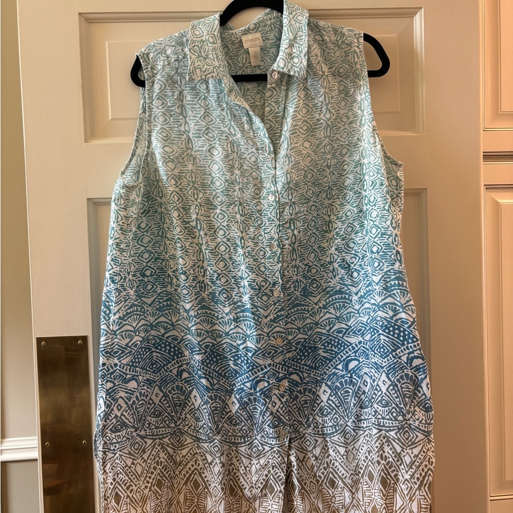 Chico's Teal and White Printed Button Shirt